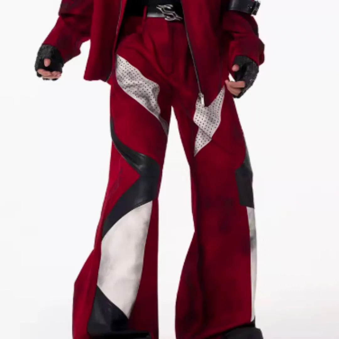 Men's red wide leg jeans with leather patchwork splicing detail, medium high waist, zipper closure