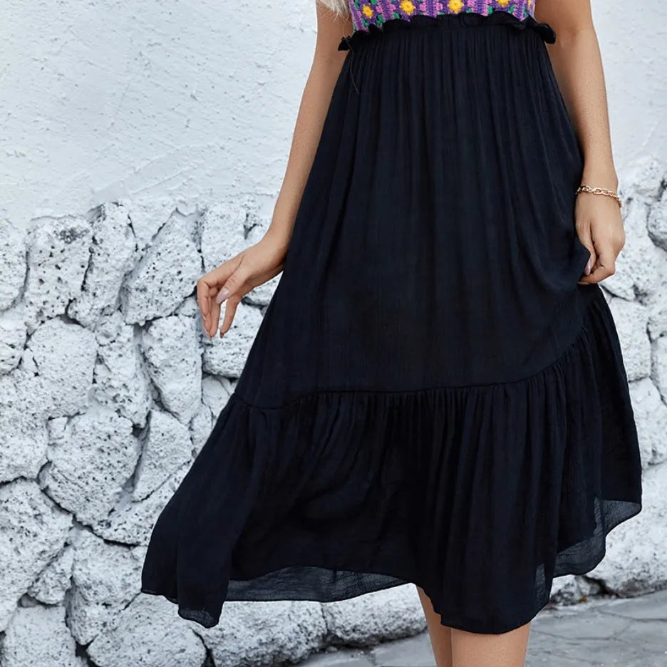 Purple sleeveless dress with hand-hook flower stitching on cotton blend fabric, free size for adult women