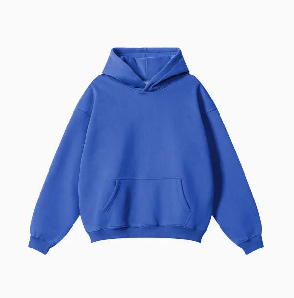 A loose-fitting men's cotton hooded sweater in a pullover style on a hanger.