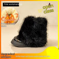 Women's black fleece-lined snow boots with a round toe, mid heel, and waterproof platform sole.