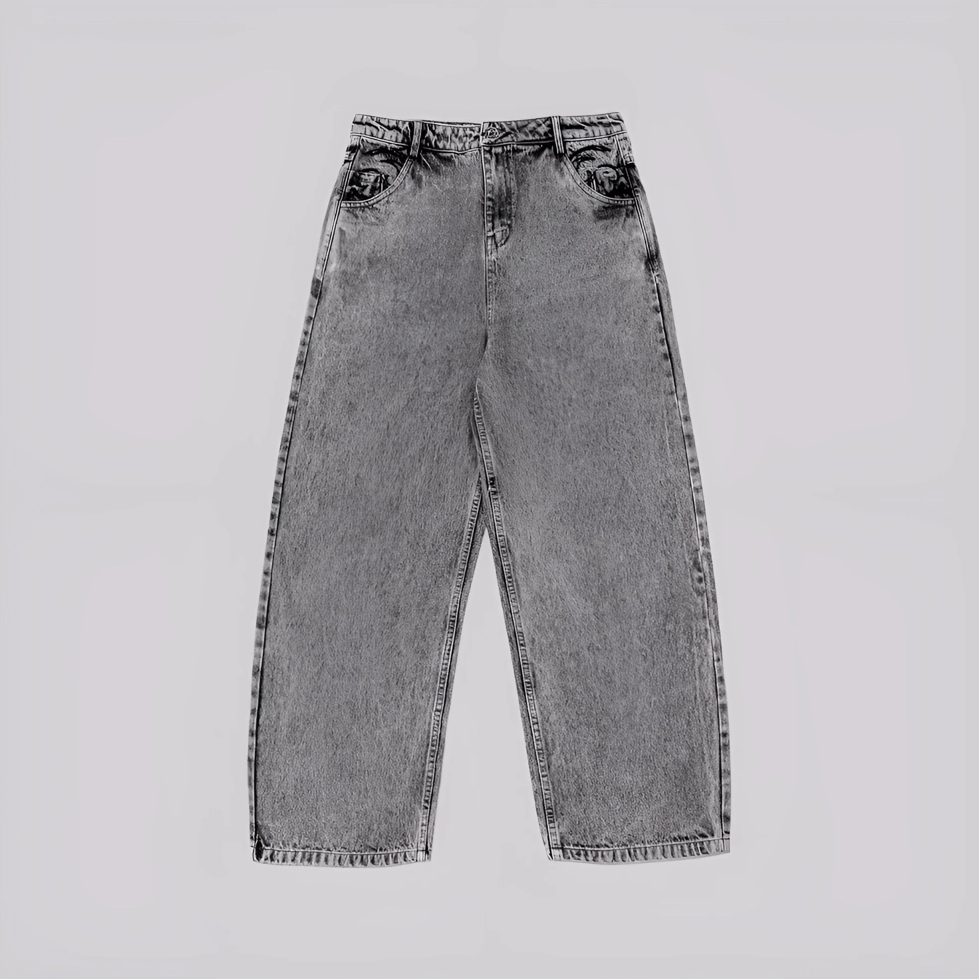 Grey loose-fit straight-leg denim trousers for men laid flat, showing mid-waist and straight-leg cut.