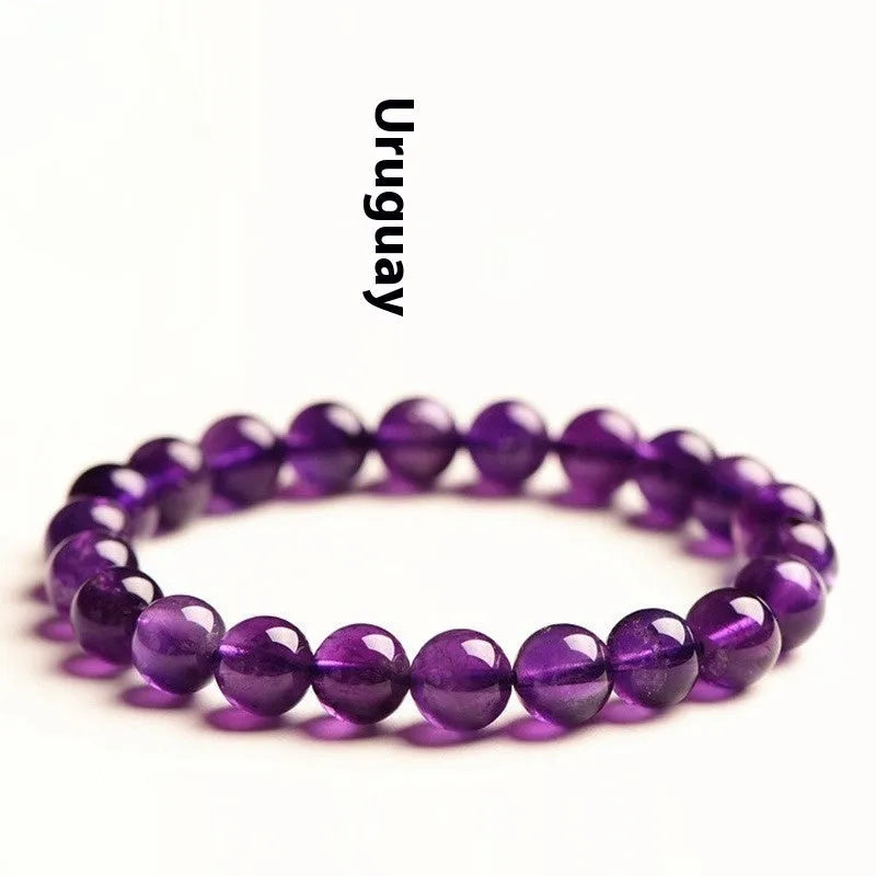 Natural amethyst Uruguay bracelet with polished purple beads, shown in single circle and triple ring designs.