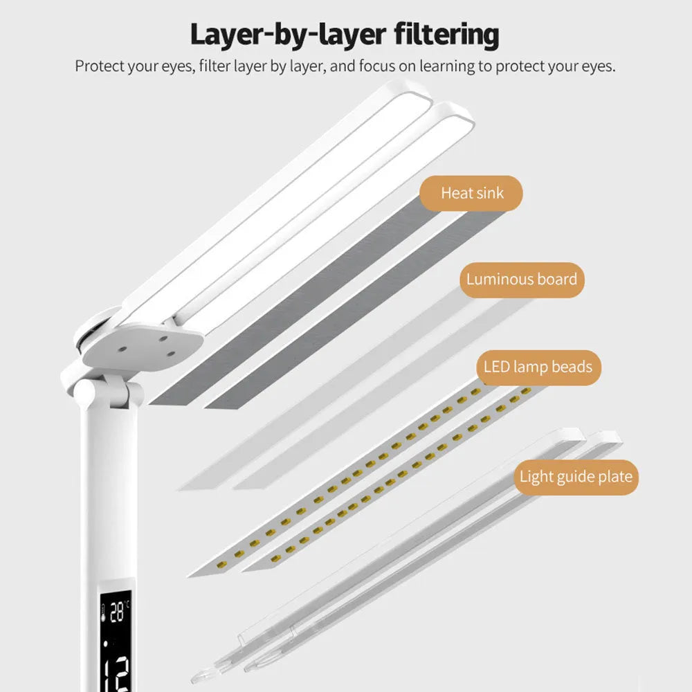 White multifunction LED desk lamp with pen holder, calendar display, and touch controls on a desk