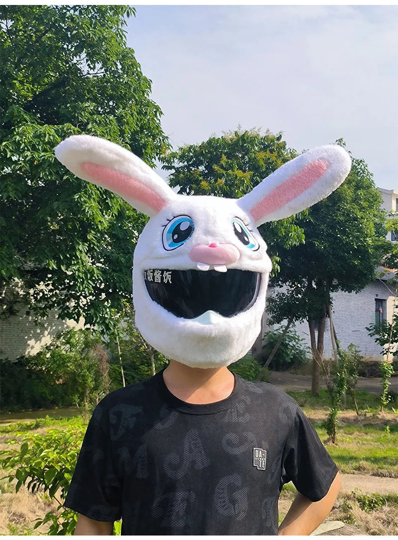 White long-eared rabbit plush helmet cover for electric motorcycles