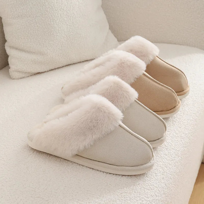 Women's plush winter slippers with round toe, available in brown, grey, pink and white.