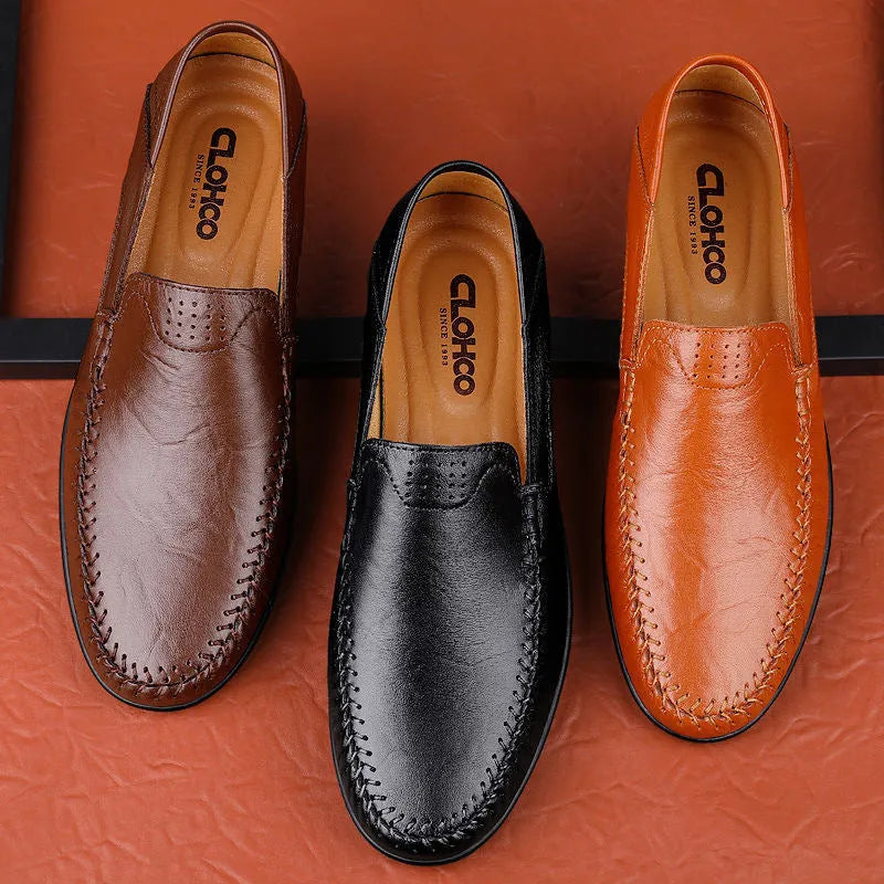 Men's cowhide leather shoes with round toe and flat heel in black, brown, and dark brown colour options