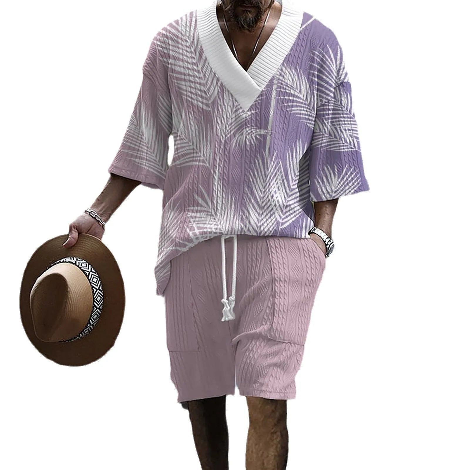 Men's knitted drop-shoulder short-sleeve top and matching shorts suit set on a mannequin.