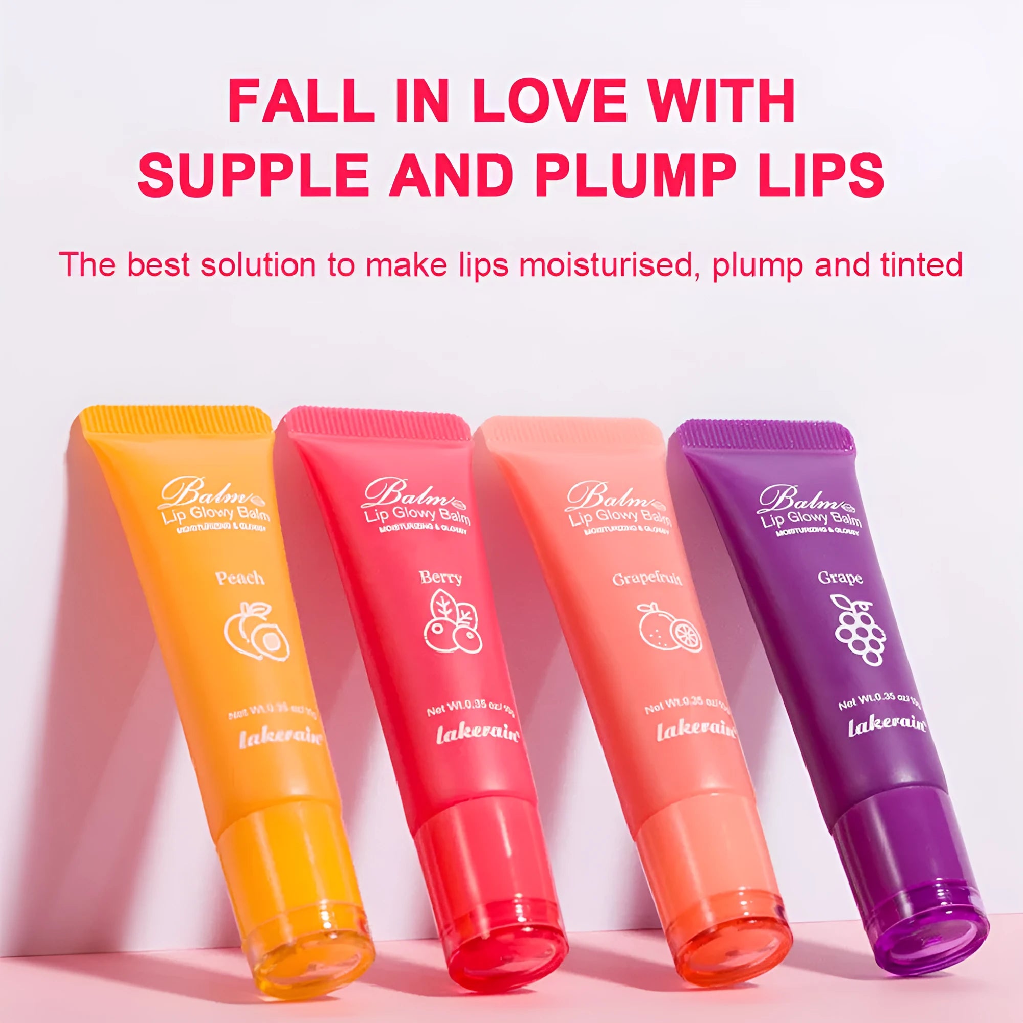 Women's flavoured lip gloss in berry, grape, grapefruit, and yellow peach variants for a natural finish.