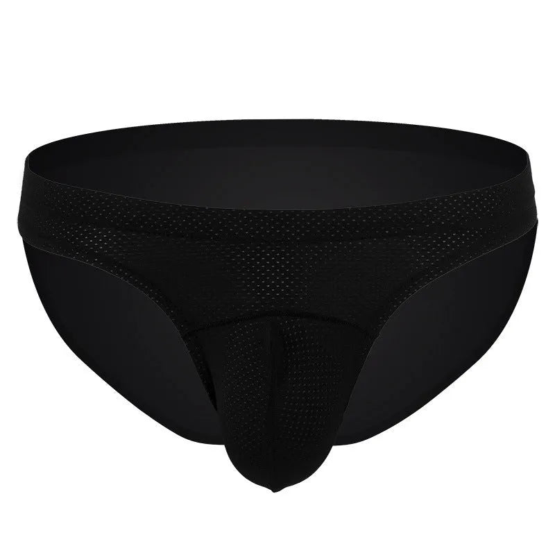 Men's loose fit transparent nylon underwear in blue, shown on a size chart.