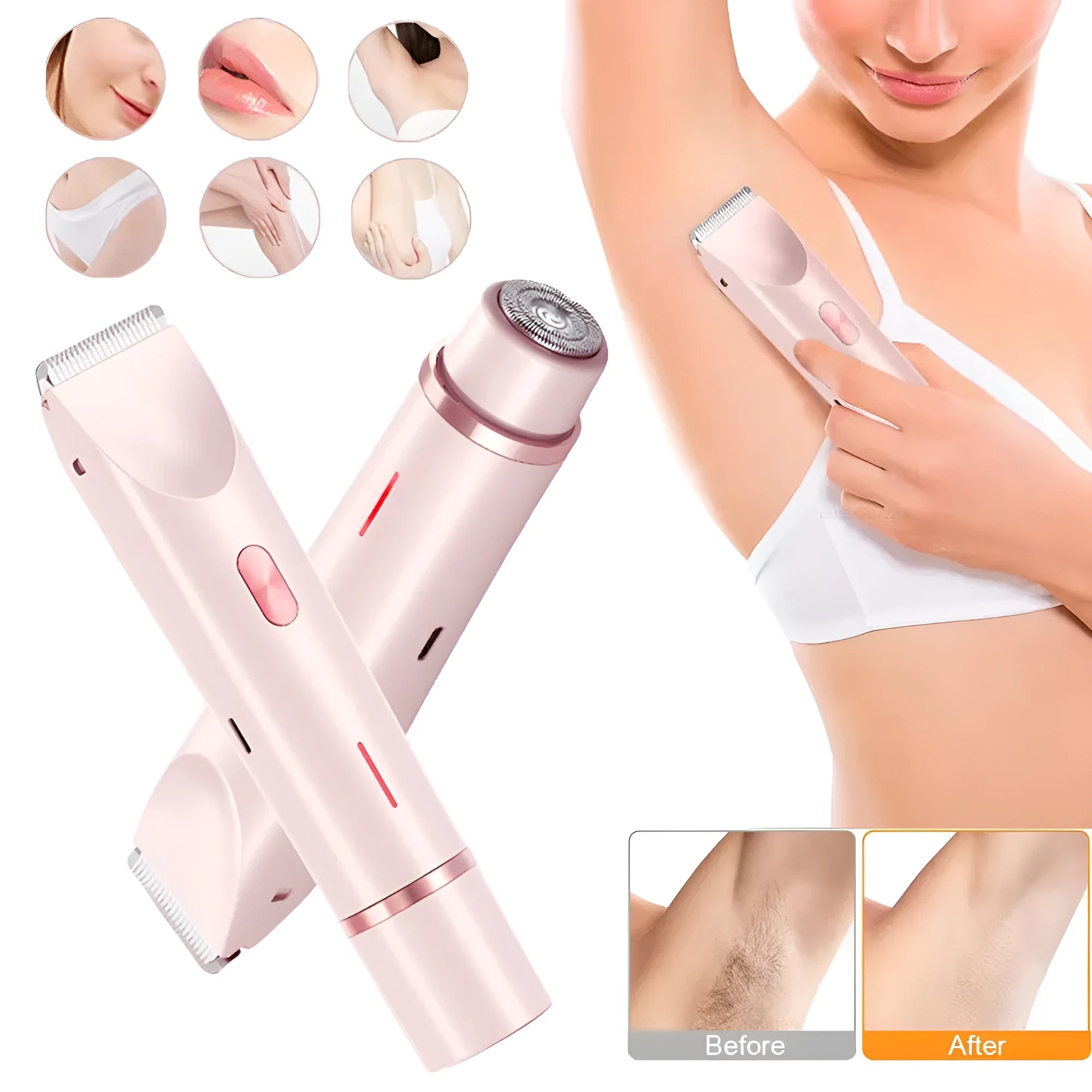 Pink women's electric hair trimmer with two detachable heads on a white background