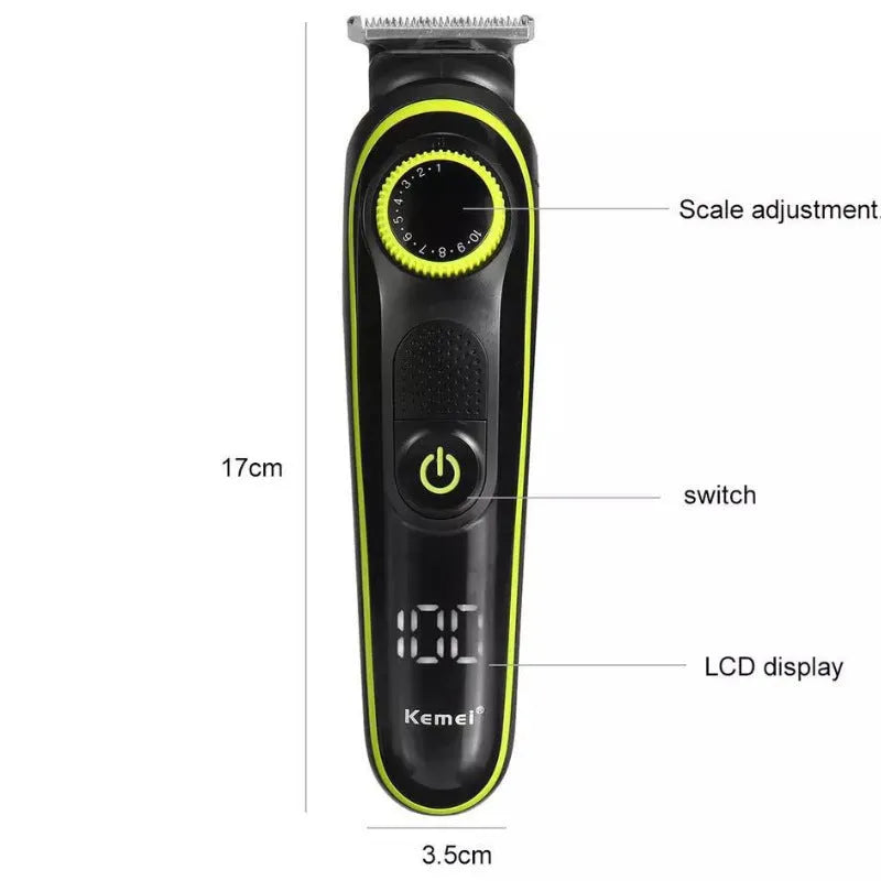 Black household electric hair clipper set with stainless steel blades and USB charging cable.