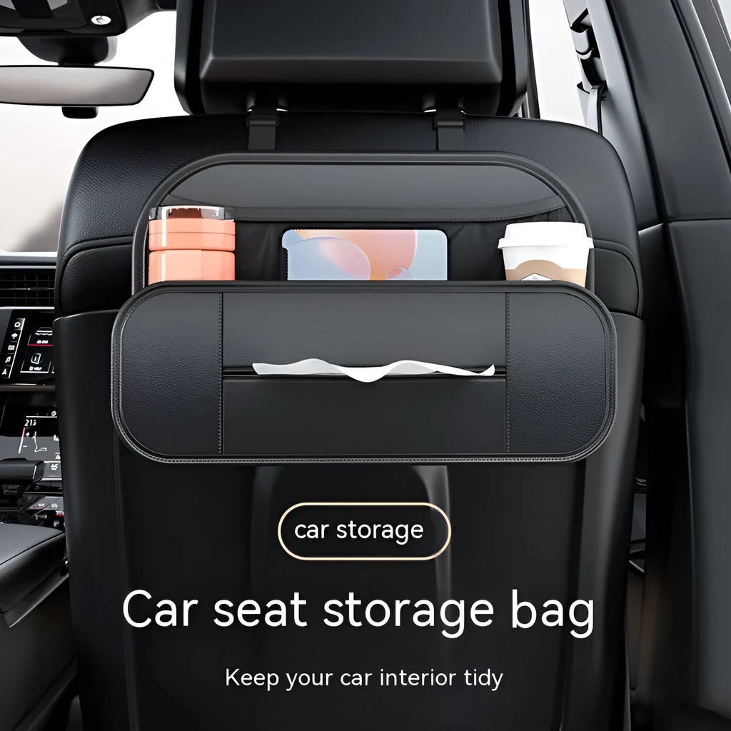 Black leather car seat back storage organiser bag with customisable pockets