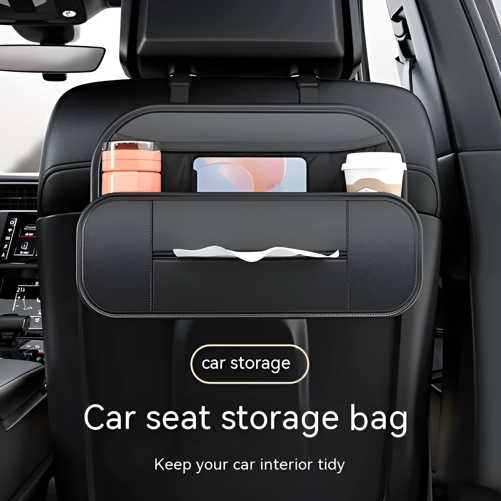 Black leather car seat back storage organiser bag with customisable pockets