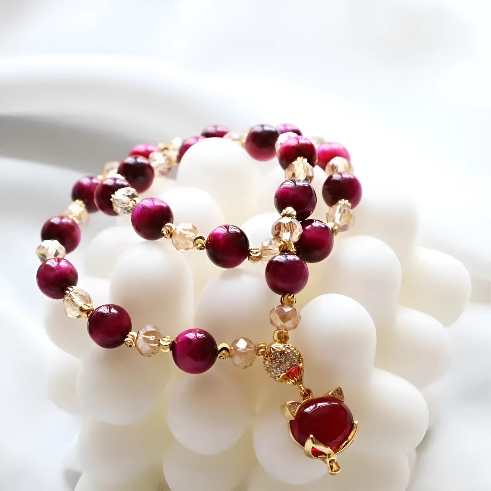 Natural Tigereye stone crystal bracelet with single or double chain in rose red or green with Fox or Pixiu motifs