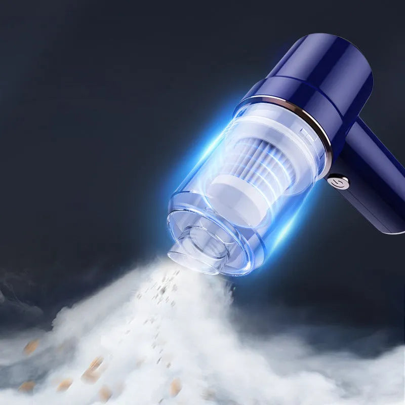 Mini rechargeable wireless vacuum cleaner 8000pa Moran Blue with brush, long straw, and USB cable on light background