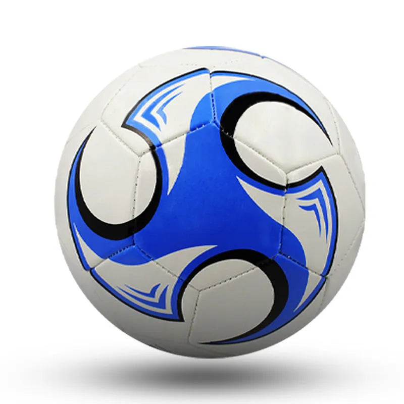 PVC machine-seam football in multiple sizes and colours including Tornado Blue, Black And White, and Red Dragon Roll designs.