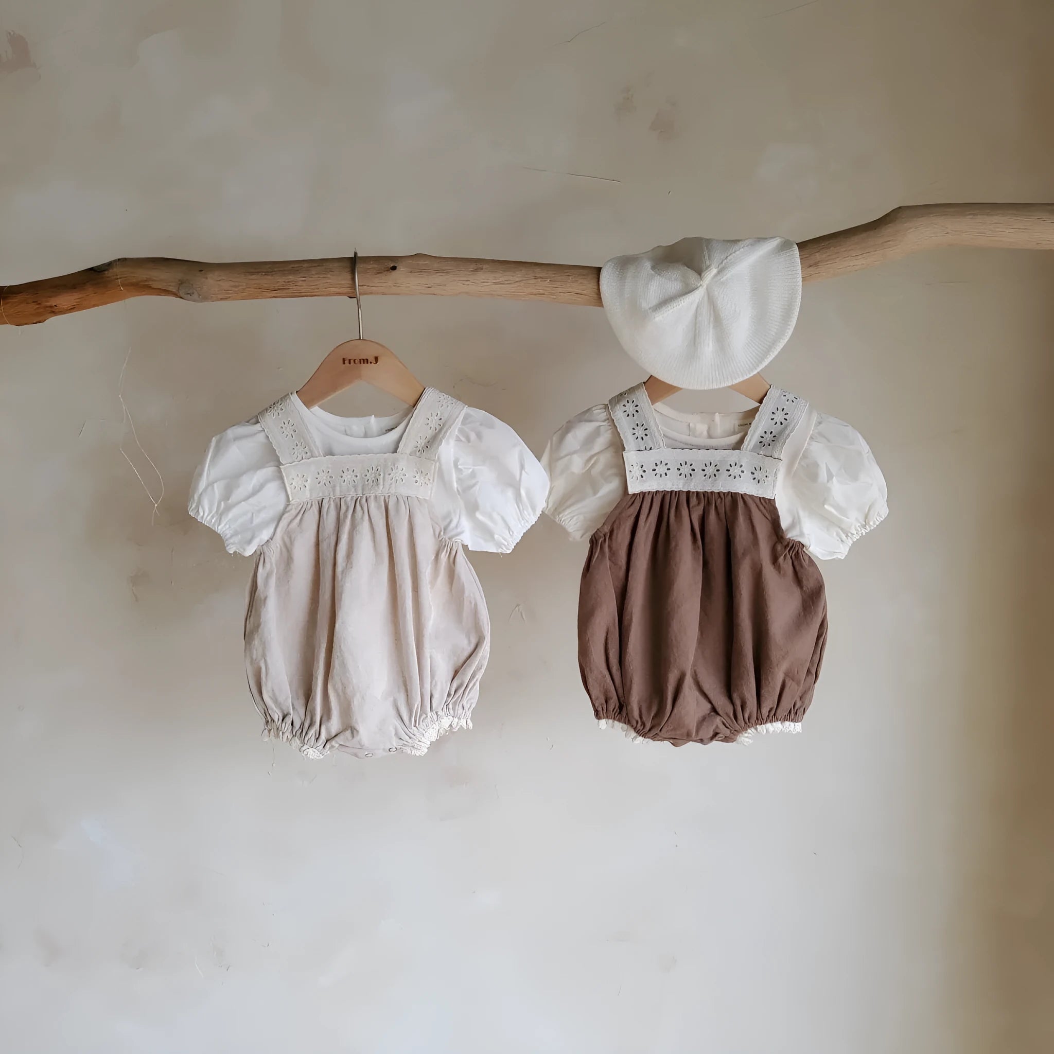 Girls cotton puff short sleeve top and lace strap romper two-piece set in apricot cotton fabric