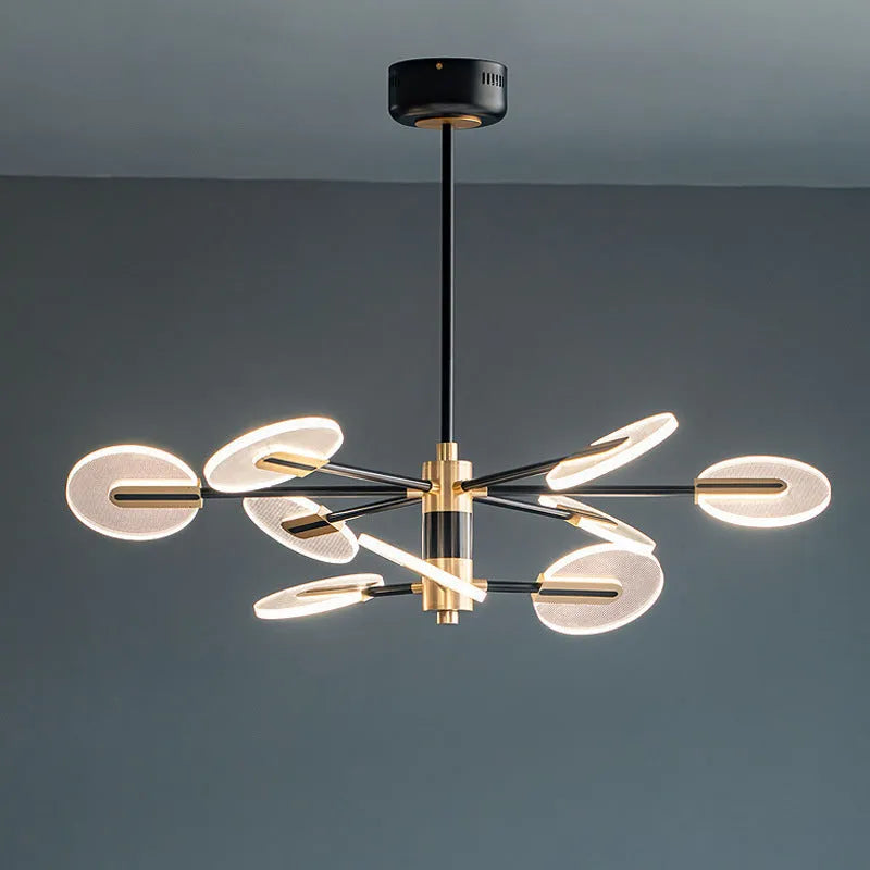 Nordic style iron frame LED chandelier with multiple acrylic shades, shown in a dining room setting.
