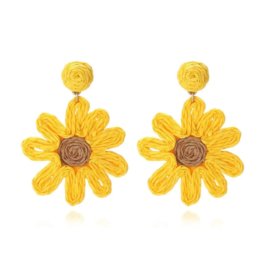Handmade silver needle earrings for women, flower shape with rhinestones, bohemian pastoral style, available in beige pink and yellow