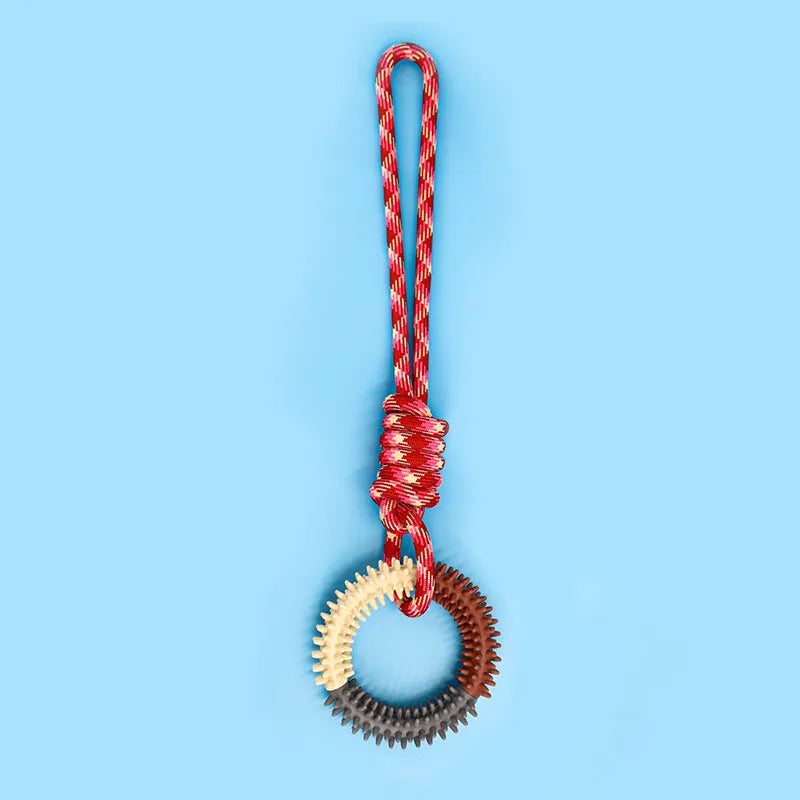 Blue, red and rose red braided rope dog toy with knots for aggressive chewing