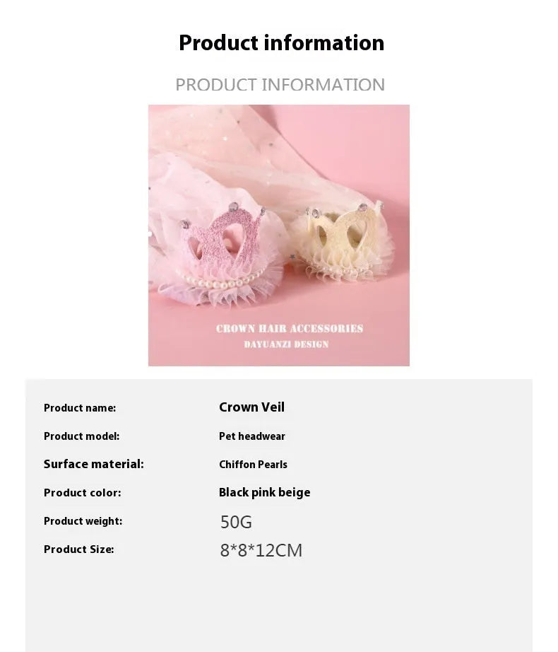 Cat wearing princess crown headdress with veil in beige and pink colour options for wedding or party costume