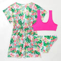 Girls' floral print three-piece swimsuit set with overclothes for swimming.