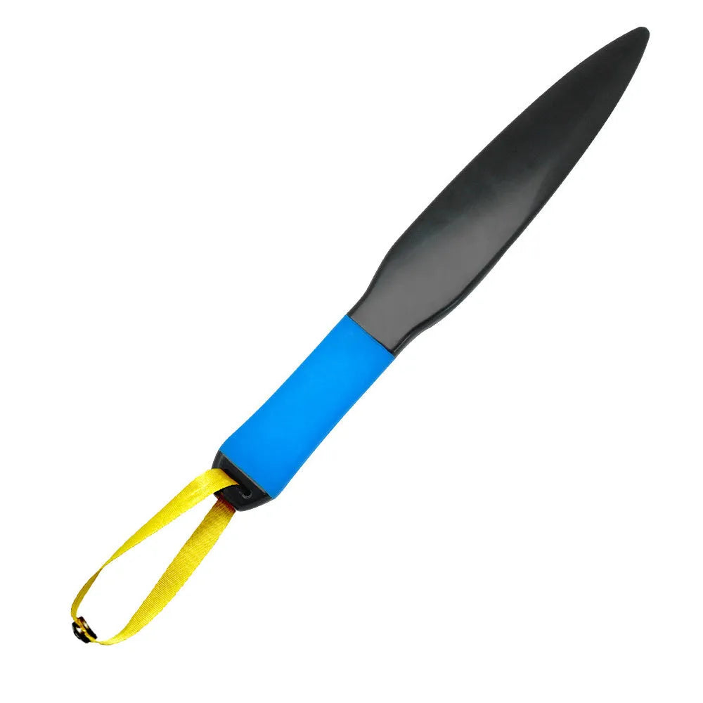 Blue handled nylon dog break stick for training, shown next to a measuring tape indicating 35 cm length.