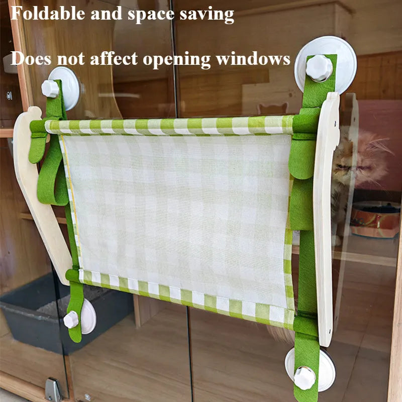 Wooden cat window hammock bed with linen fabric attached to window by suction cups