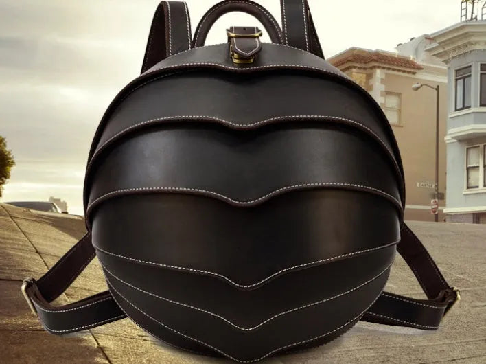 Genuine leather backpack with vintage creative beetle design, large capacity, dark brown colour, 33x18x27cm size