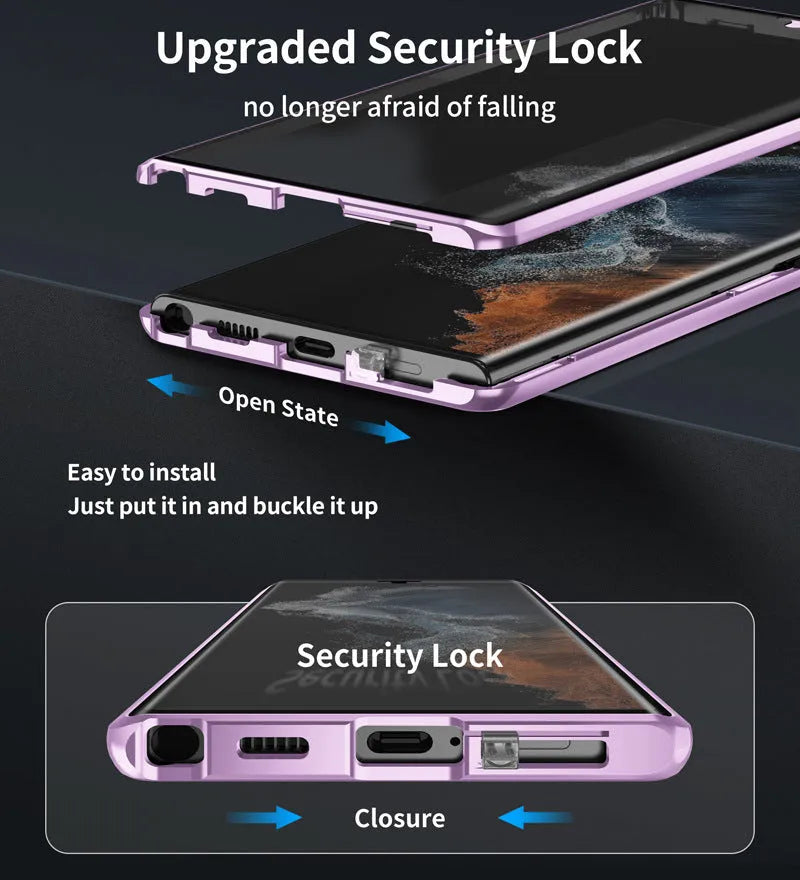 Metal magnetic phone case with a mirror for Samsung S24 Ultra in multiple colour options.