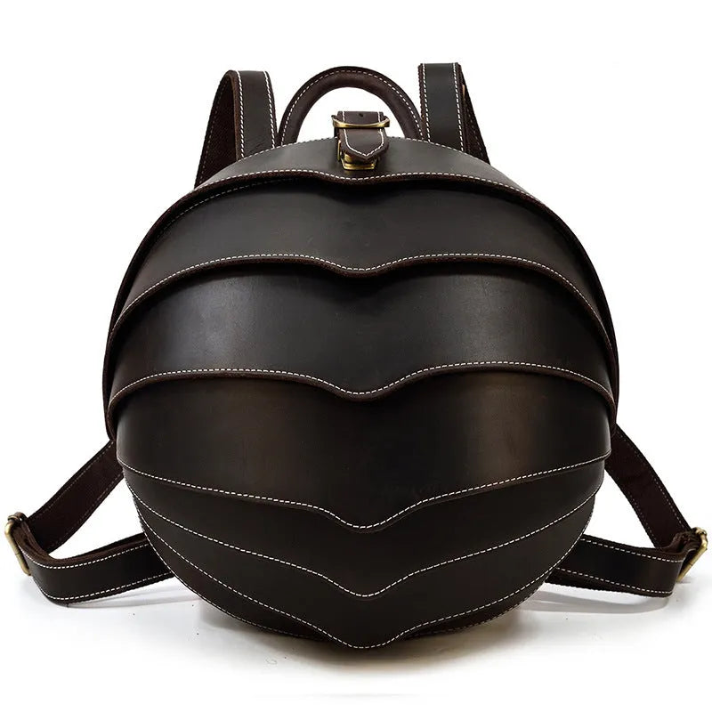 Genuine leather backpack with vintage creative beetle design, large capacity, dark brown colour, 33x18x27cm size