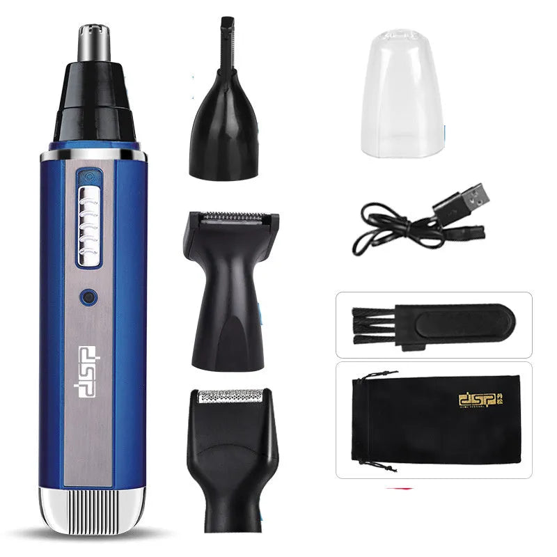 A blue, black, or silver coloured electric shaver and multi-trimmer for facial hair, sideburns, and nose hair.