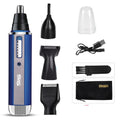 A blue, black, or silver coloured electric shaver and multi-trimmer for facial hair, sideburns, and nose hair.