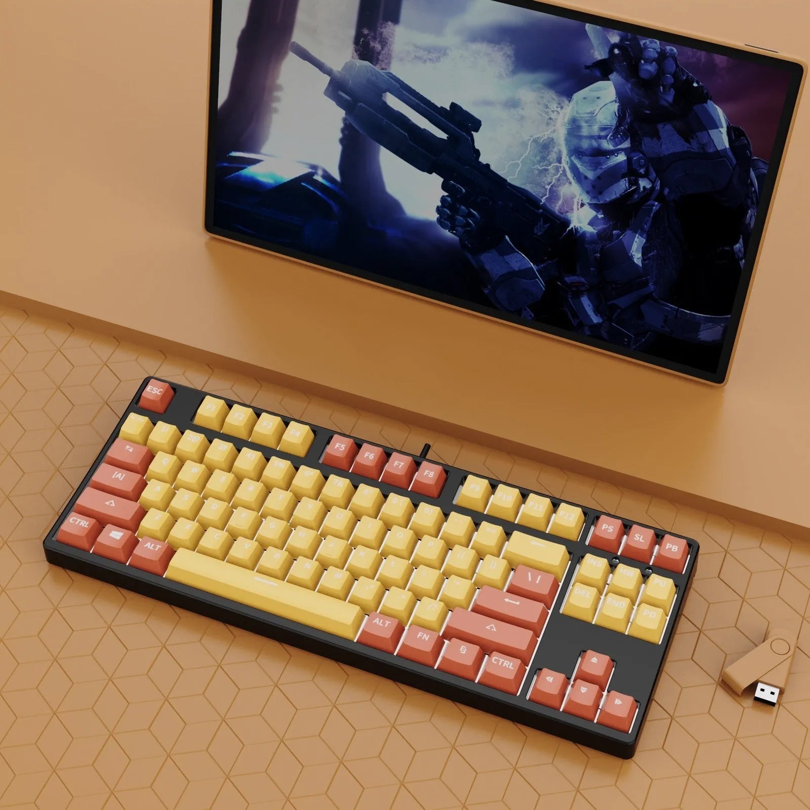 87-key wired mechanical keyboard with two-tone keycaps, shown with switch puller and cleaning brush