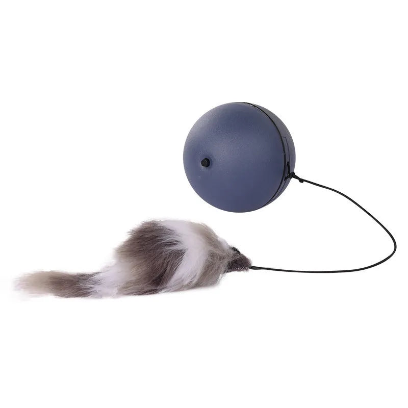 Interactive cat toy with blue and orange ball attached to plush mouse on neutral background