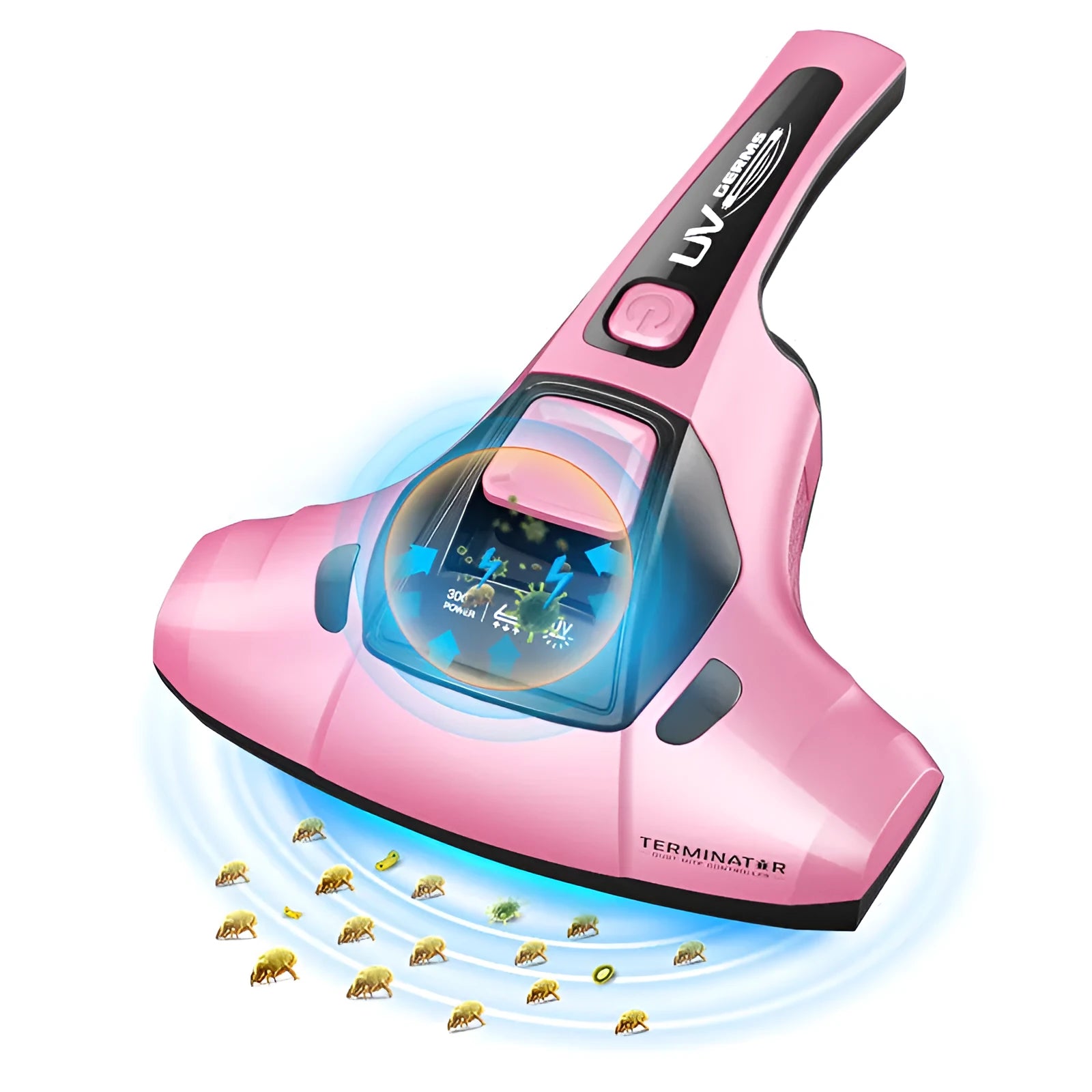 Pink handheld vacuum cleaner with UV light for mite control on a mattress.