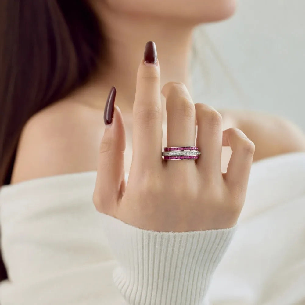 S925 sterling silver rotating diamond inlay ring for women, geometric style, available in blue, green, pink, sizes No 6-9