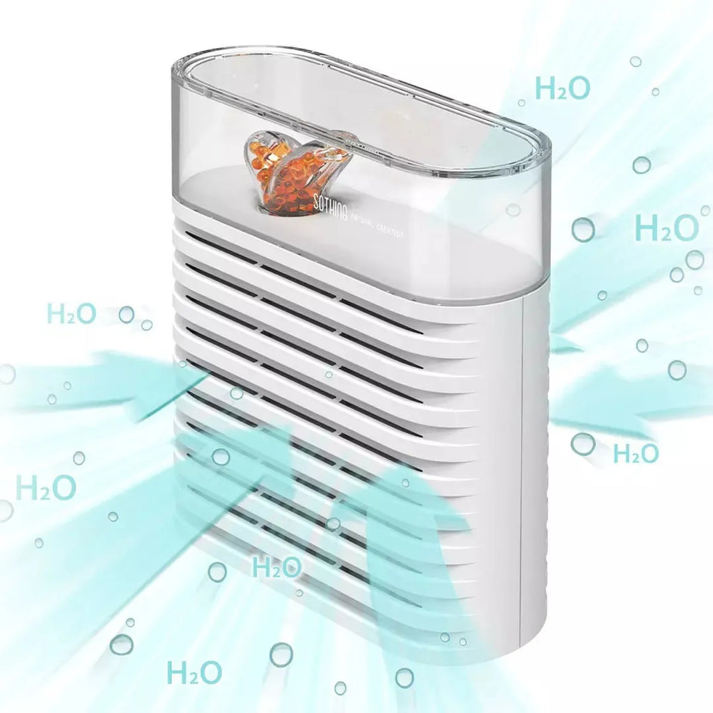 White reusable electric dehumidifier box with transparent top showing orange silica gel beads, for cabinets and wardrobes.