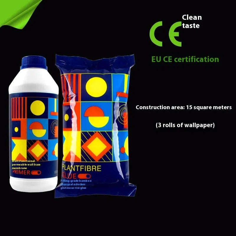 Three rolls of clean-smell glutinous rice wallpaper glue (Glue E) on a white background.