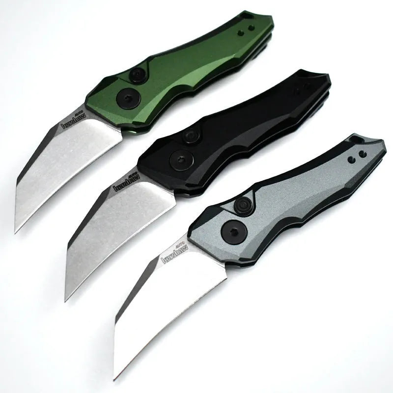 Outdoor folding knife showing black, grey, and green colour options with blade extended