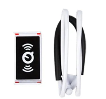 White universal neck phone holder with 360-degree rotating clamp holding a smartphone.