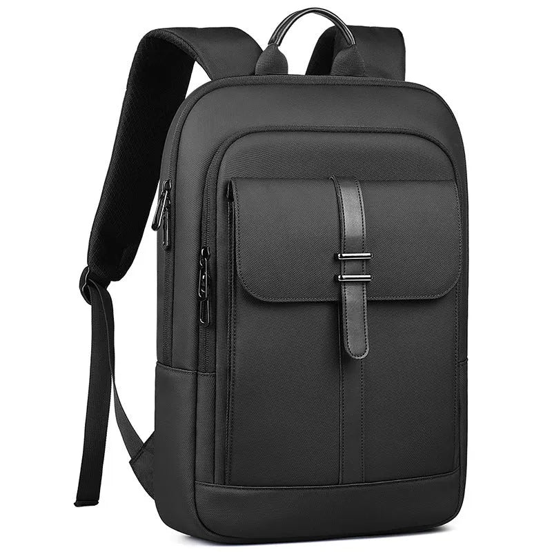 Solid black Oxford cloth backpack with sewing line details for business commute