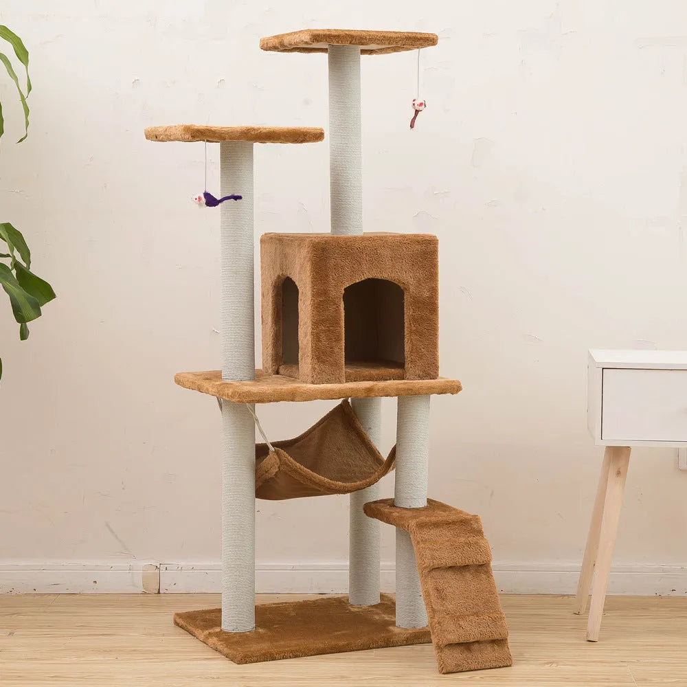 125cm cat climbing frame with soft wool cloth cover, beige colour, with nest and tray