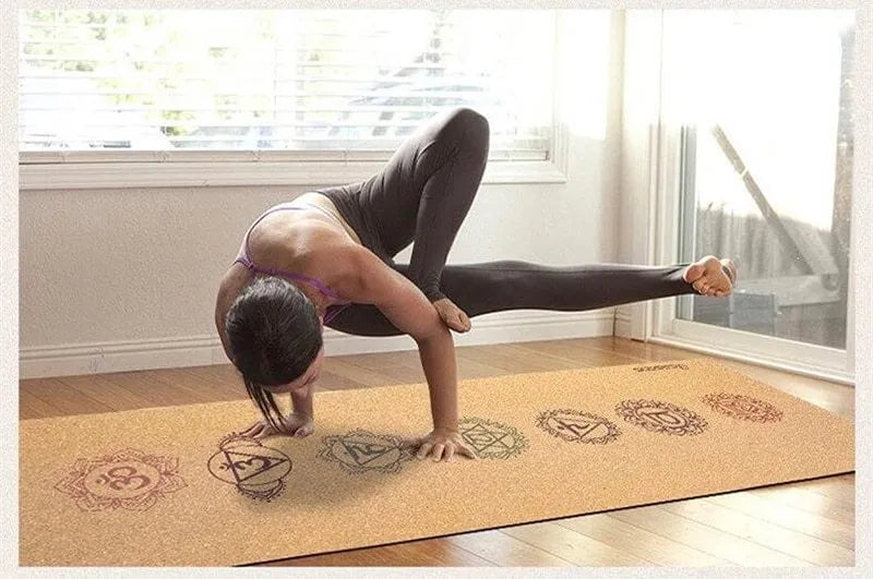 7 Chakra Cork Yoga Mat 183x68cm with natural cork top and non-slip bottom