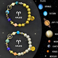 Two natural stone beaded bracelets featuring zodiac sign designs on a neutral background.
