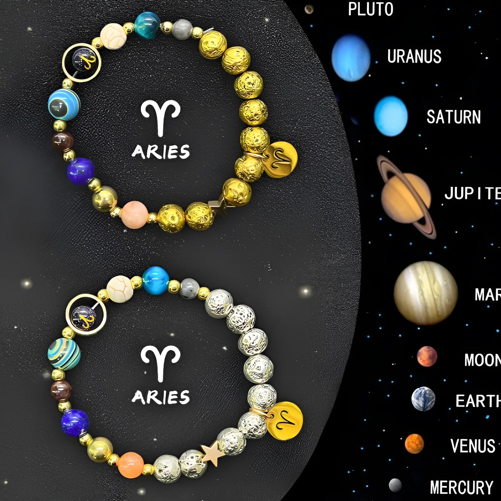 Two natural stone beaded bracelets featuring zodiac sign designs on a neutral background.