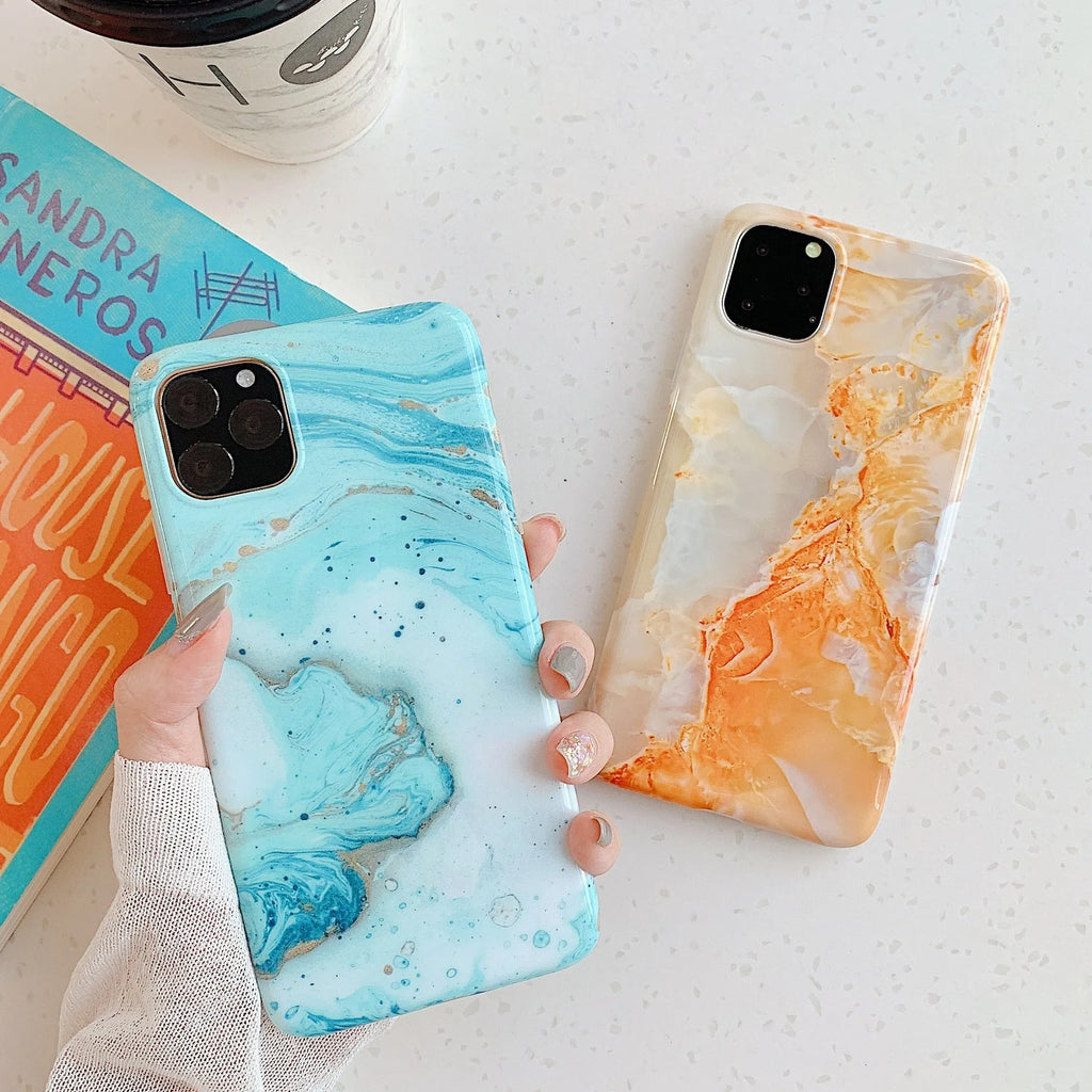 Frosty marble silicone phone case back cover with geometric pattern for iPhone models, available in multiple colours