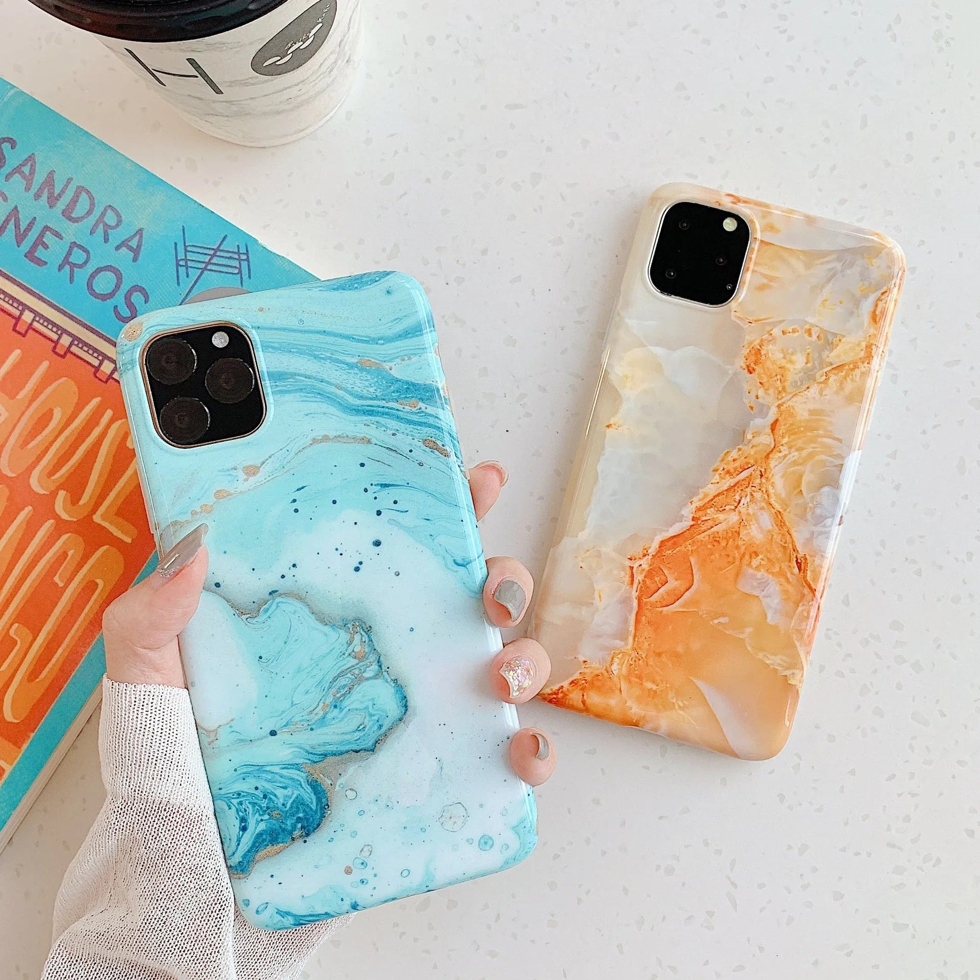 Frosty marble silicone phone case back cover with geometric pattern for iPhone models, available in multiple colours