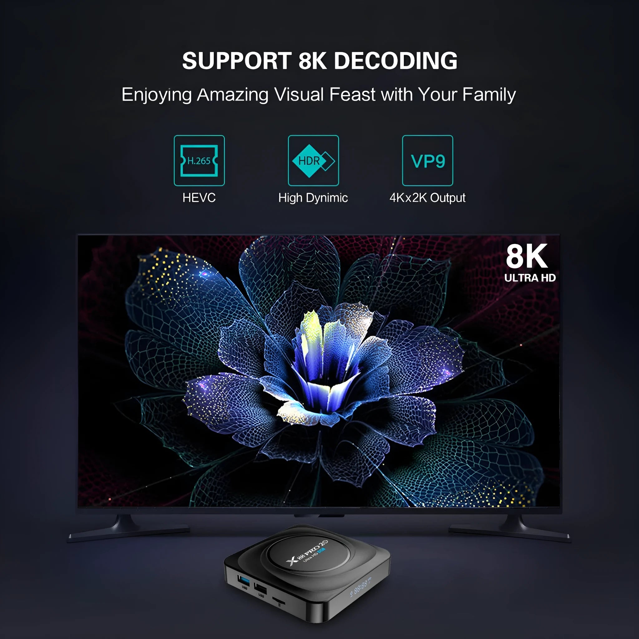 Black Android TV set-top box with HDMI port, shown with remote control and UK plug power adapter.