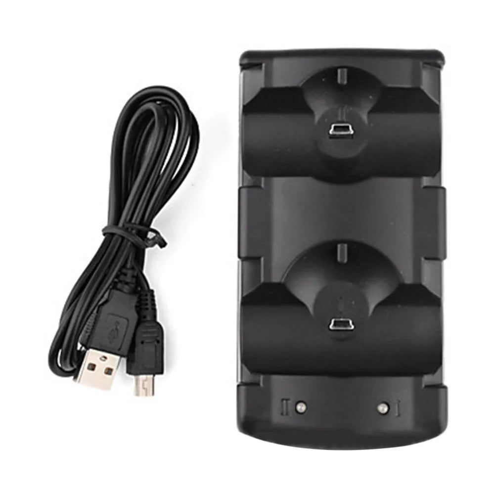Black PS3 dual charging dock with two wireless controllers placed upright on charging pins, connected via USB cable.